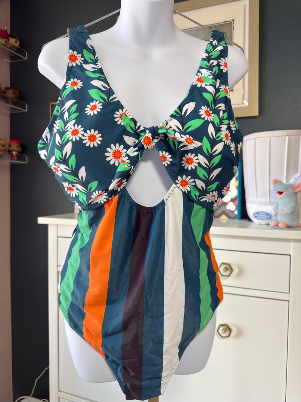 Cupshe Navy Floral & Multi-Stripe One-Piece Swimsuit with Front Tie
